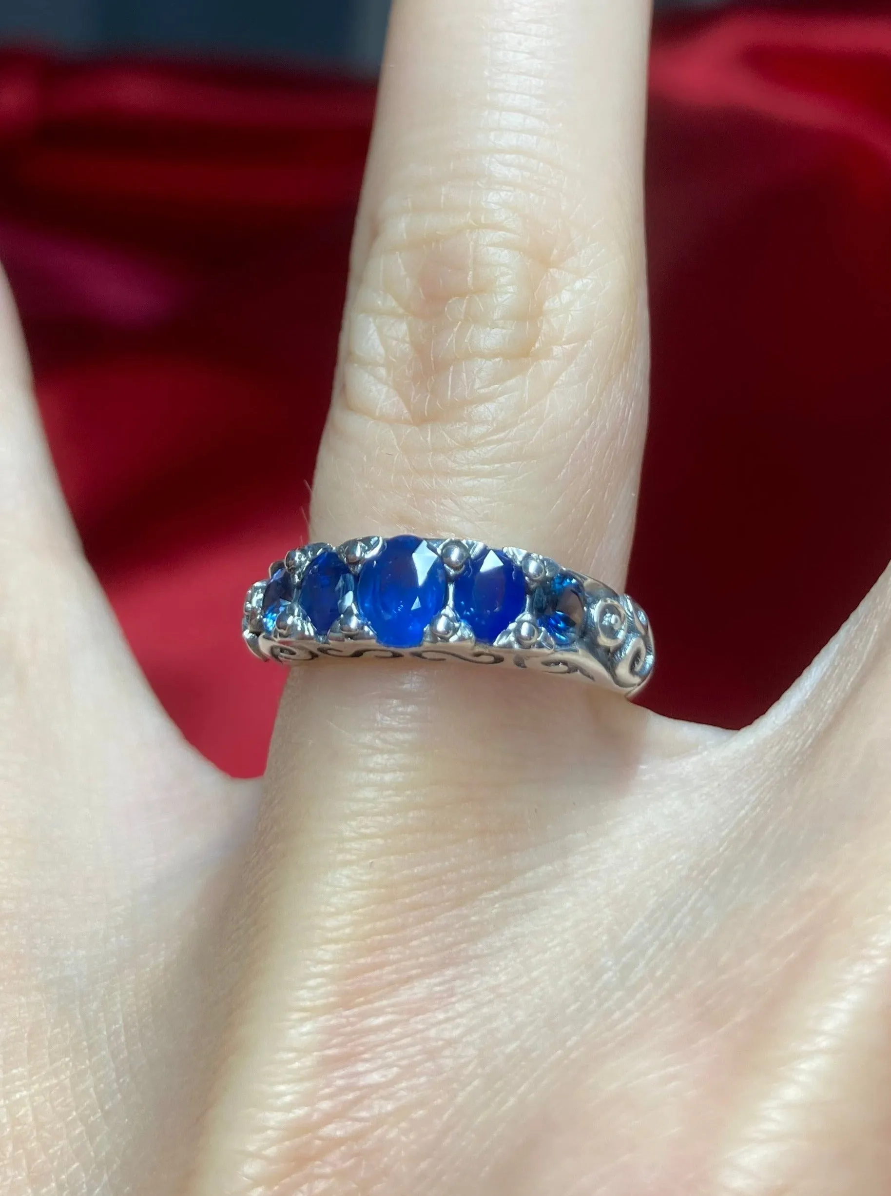 Blue Sapphire Ring, Natural or Simulated 5-Stone Georgian Ring, Victorian Jewelry Design#D19