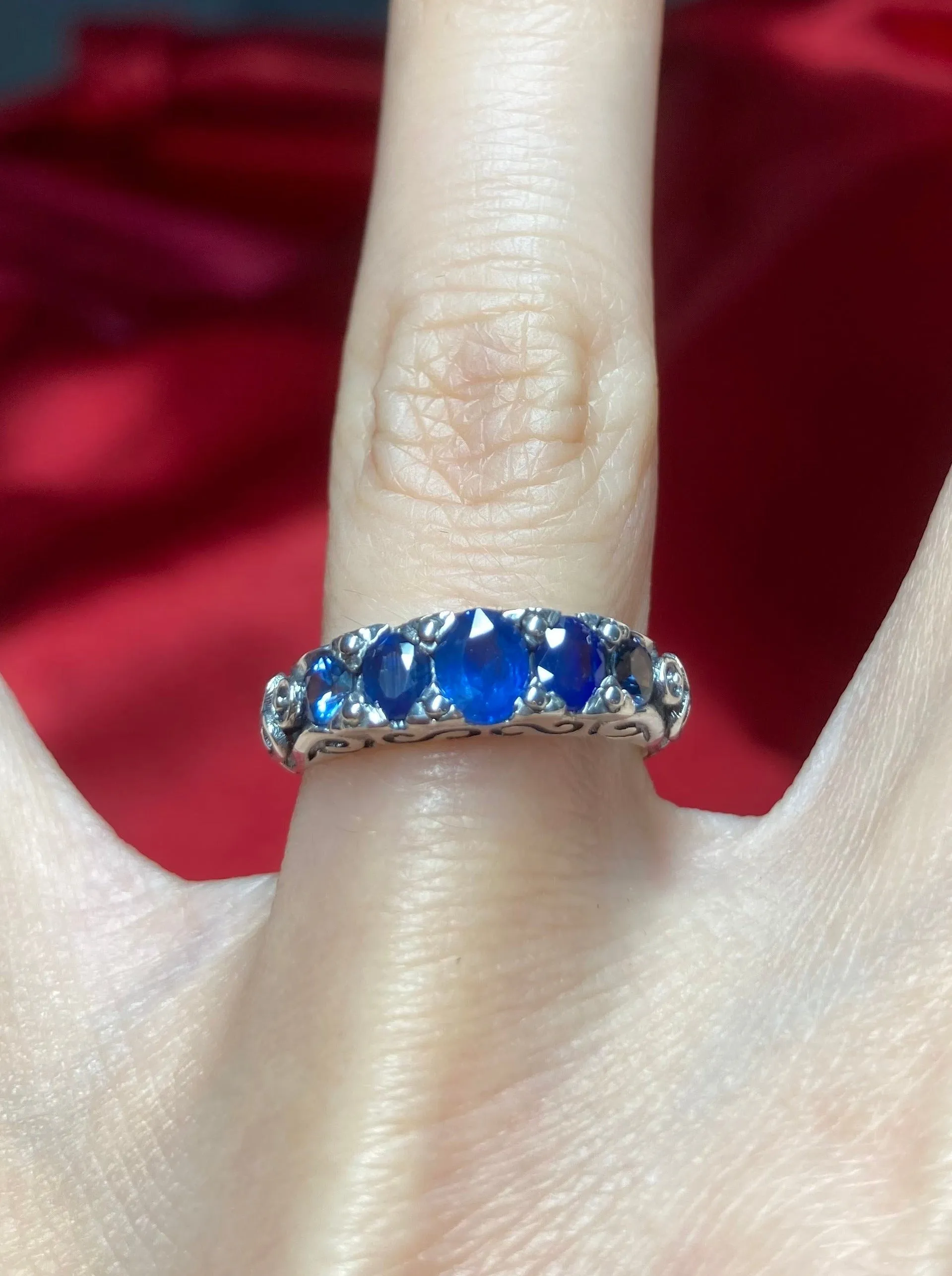 Blue Sapphire Ring, Natural or Simulated 5-Stone Georgian Ring, Victorian Jewelry Design#D19