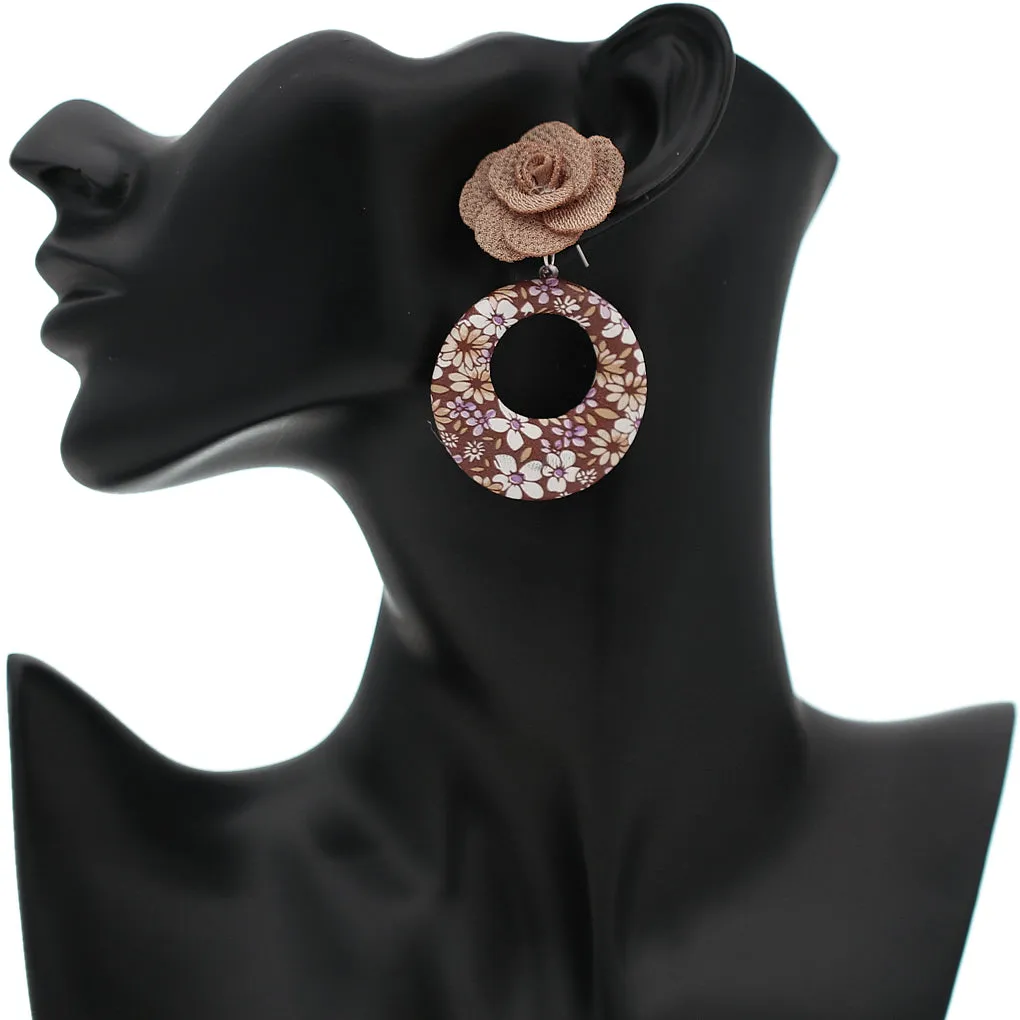 Brown Flower Open Circle Earrings