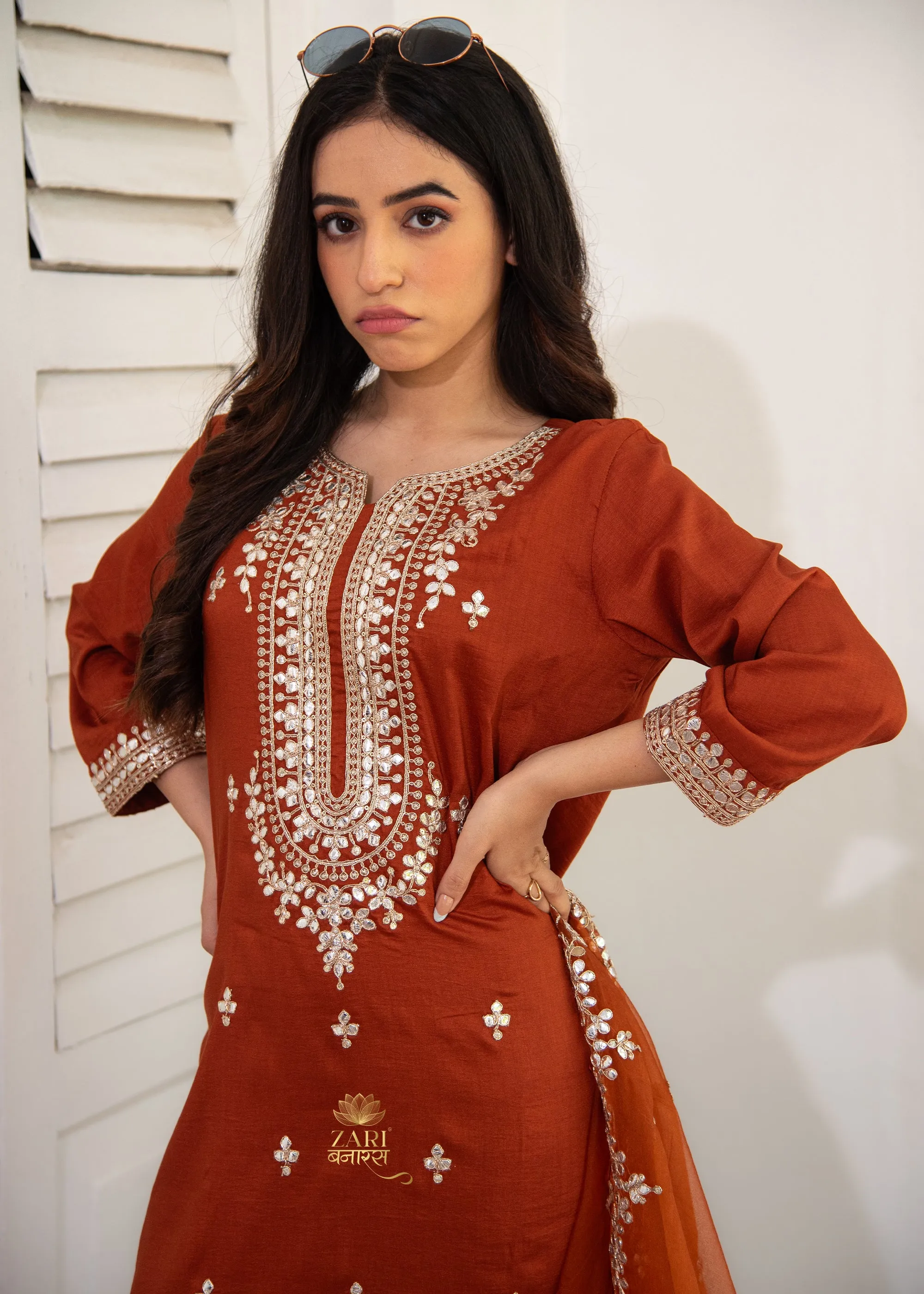 Brown Sienna Bloom Thread Suit-Set of 3