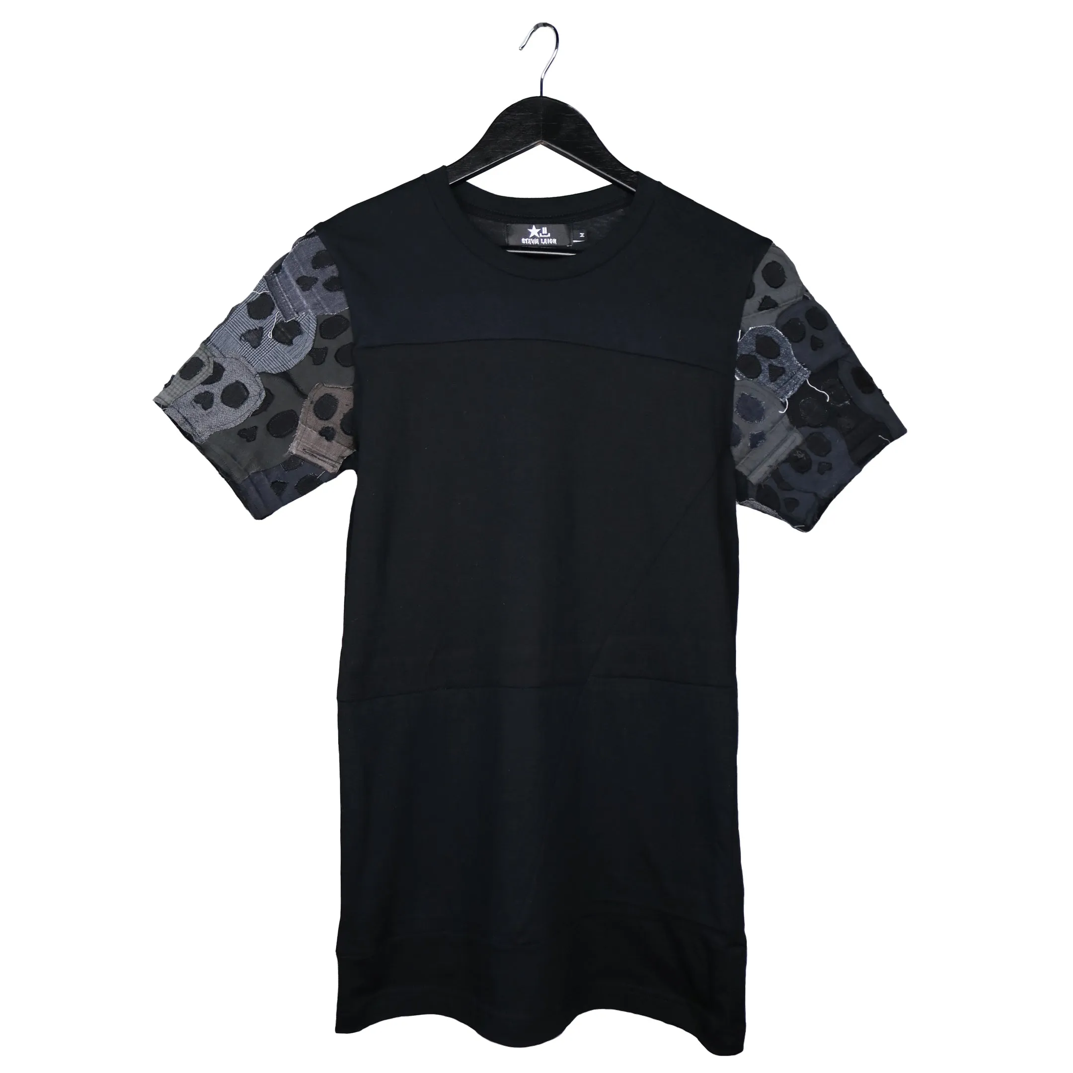 Bury Me - Upcycled t-shirt with denim skull patch sleeves