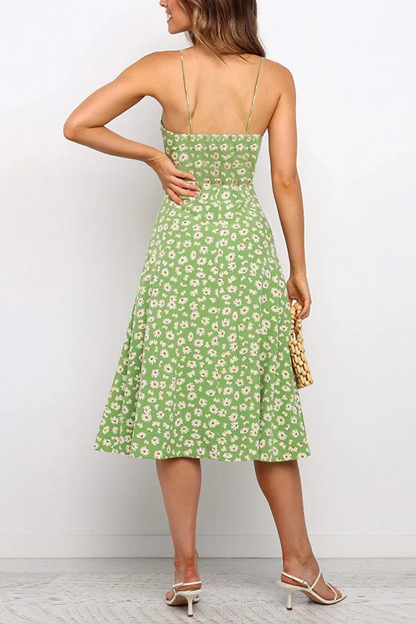 Casual Daisy Print Sling Midi Dress
