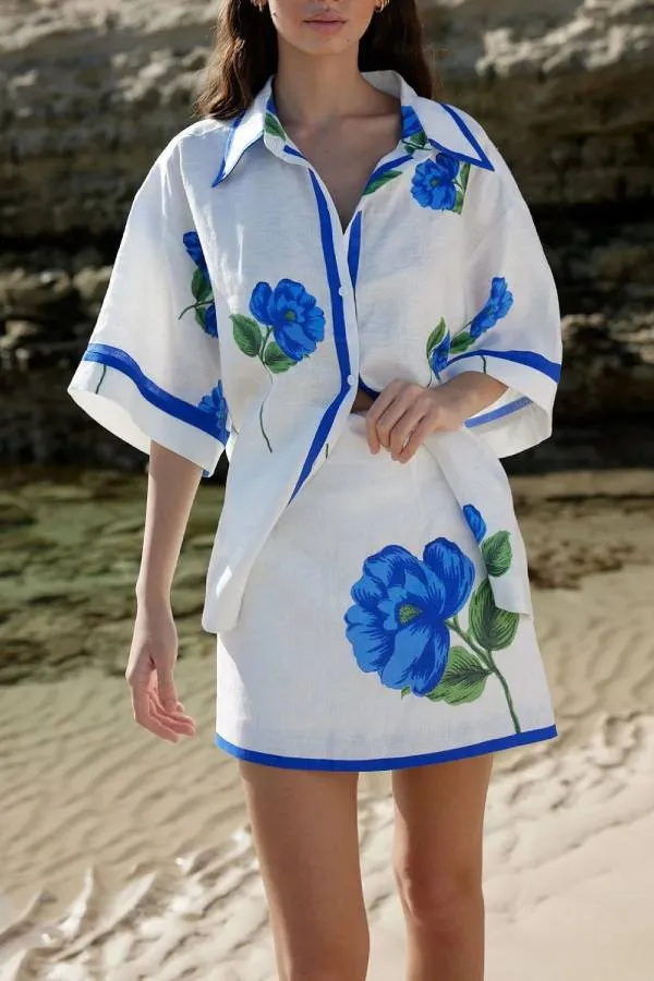 Casual Linen Shirt Collar Hip Suit