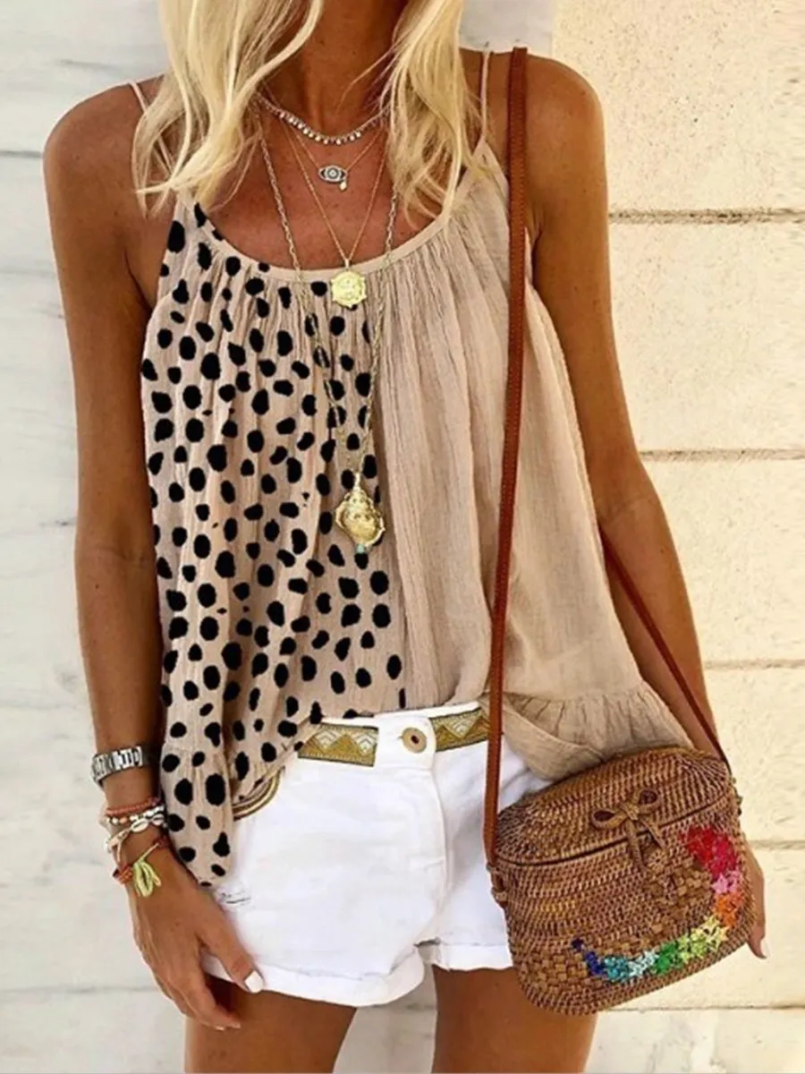 Casual U-neck Colorblock Leopard Print Loose Camisole