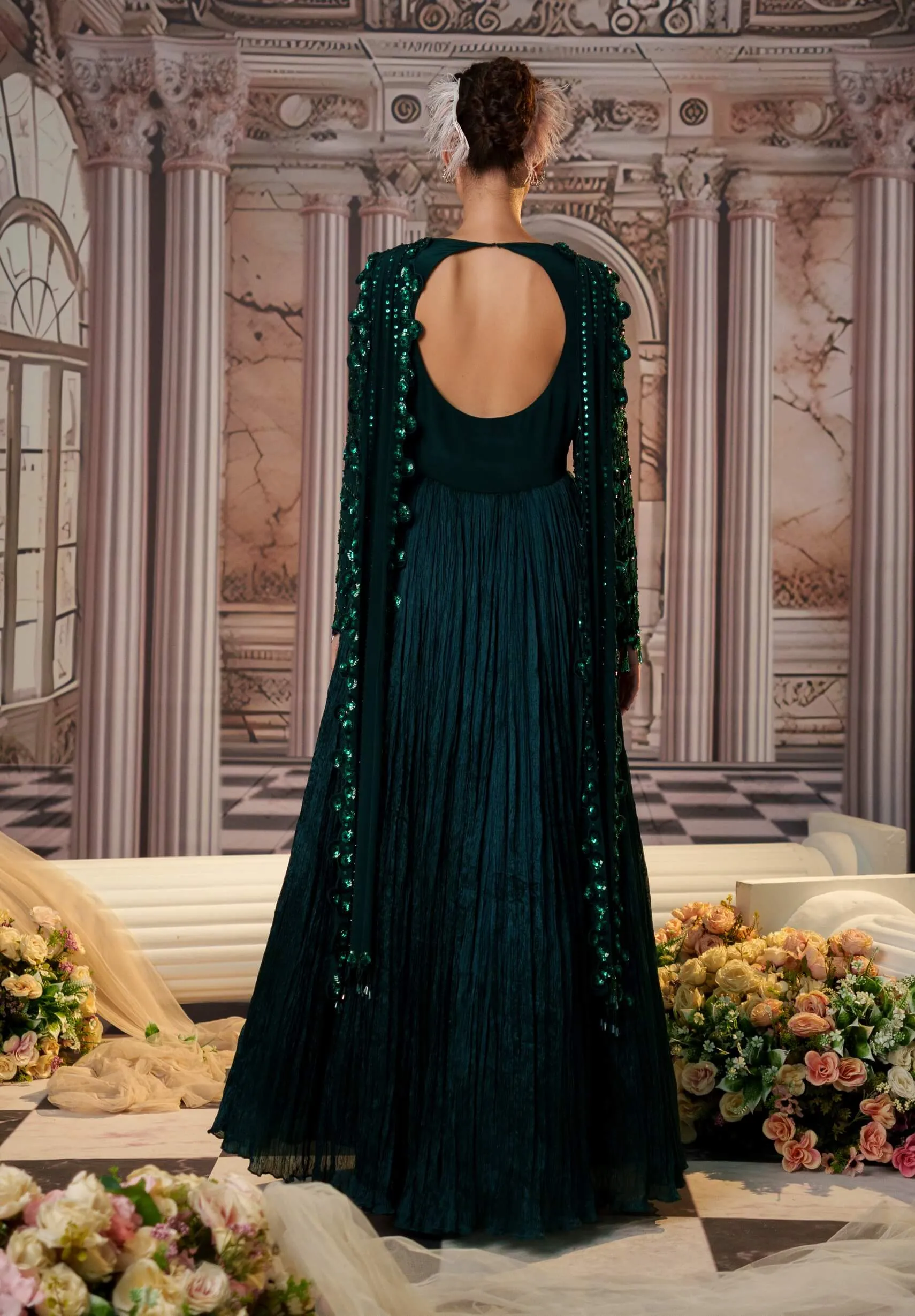 Celestial bottle green anarkali