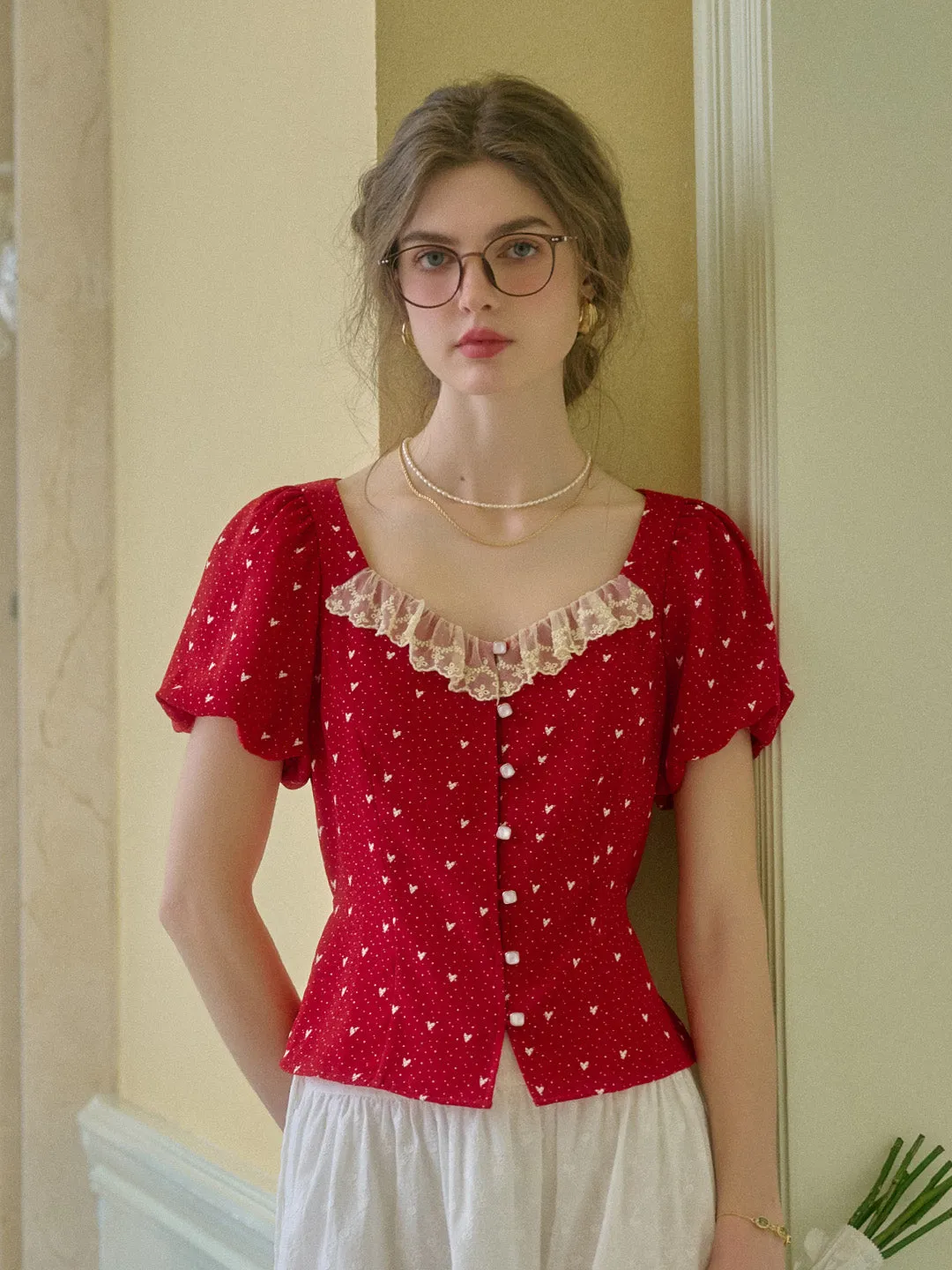 Charlotte Square Neck Lace Puff Sleeves Top