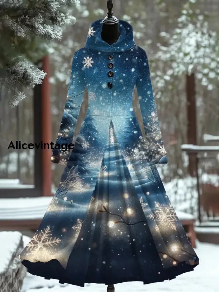 Christmas Art Print Vintage Elegant Long Sleeve Fake Two-Piece Maxi Dress