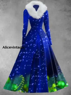 Christmas Art Print Vintage Elegant V-Neck Fur Collar Long Sleeve Midi Dress