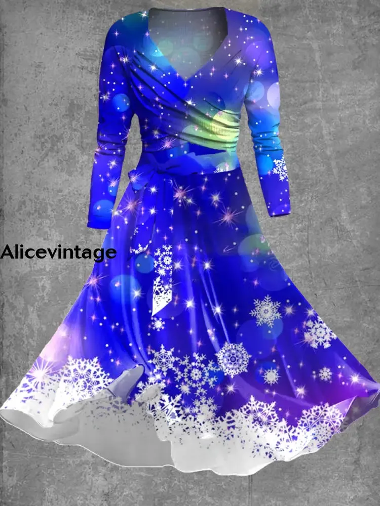 Christmas Glitter Snowflake Art Print Vintage Long Sleeve Two-Piece Midi Dress