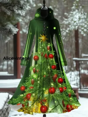 Christmas Print Retro Elegant Long Sleeve Maxi Dress Fake Two-Piece Dress