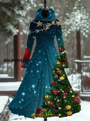 Christmas Print Retro Elegant Long Sleeve Maxi Dress Fake Two-Piece Dress