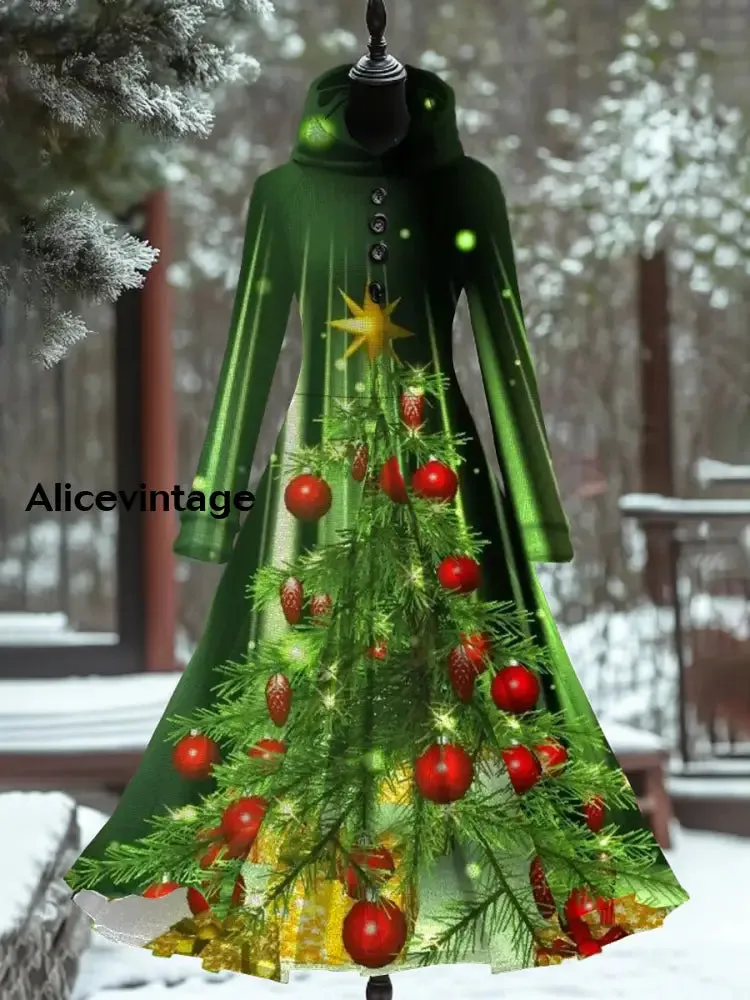 Christmas Print Retro Elegant Long Sleeve Maxi Dress Fake Two-Piece Dress