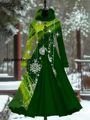 Christmas Print Retro Elegant Long-Sleeved Long Dress Fake Two-Piece Dress