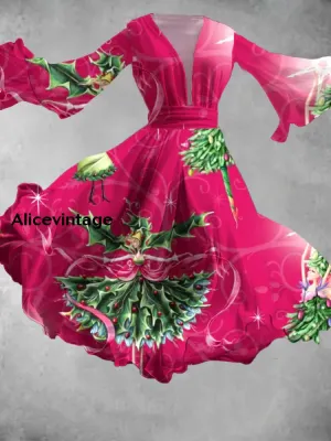 Christmas Retro Art Print V Neck Elegant Chic Long Sleeve Flowing Midi Dress