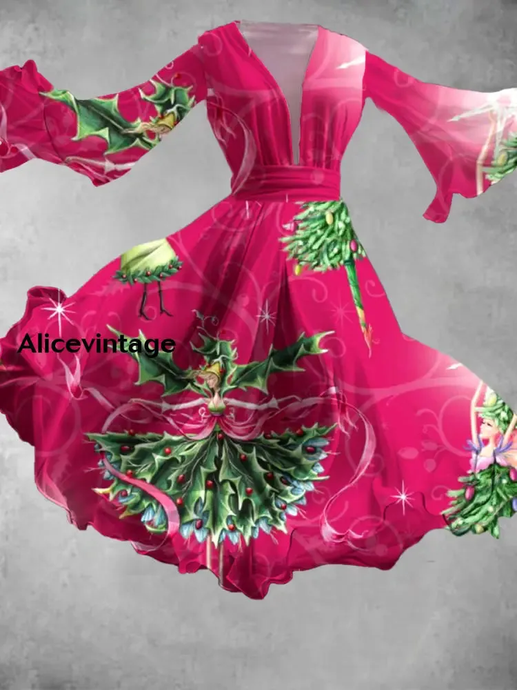 Christmas Retro Art Print V Neck Elegant Chic Long Sleeve Flowing Midi Dress