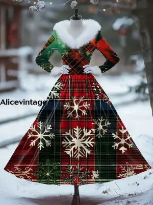 Christmas Snowflake Art Print Vintage Elegant Fur Collar Long Sleeve Midi Dress