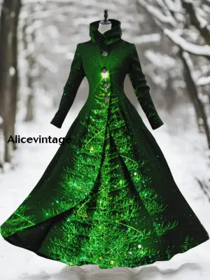 Christmas Tree Art Print Vintage Elegant Long Sleeve Fake Two Piece Maxi Dress