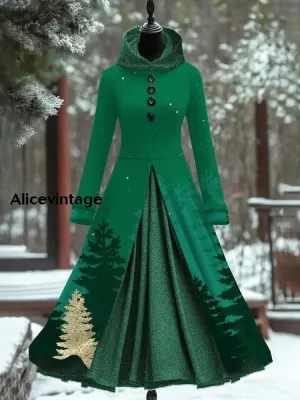 Christmas Tree Art Print Vintage Elegant Long Sleeve Maxi Dress Fake Two Piece Hooded Dress