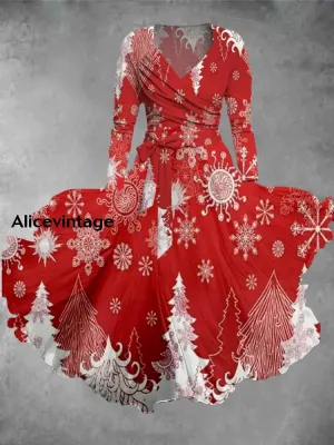 Christmas Tree Art Print Vintage Elegant V-Neck Long Sleeve Two Piece Midi Dress