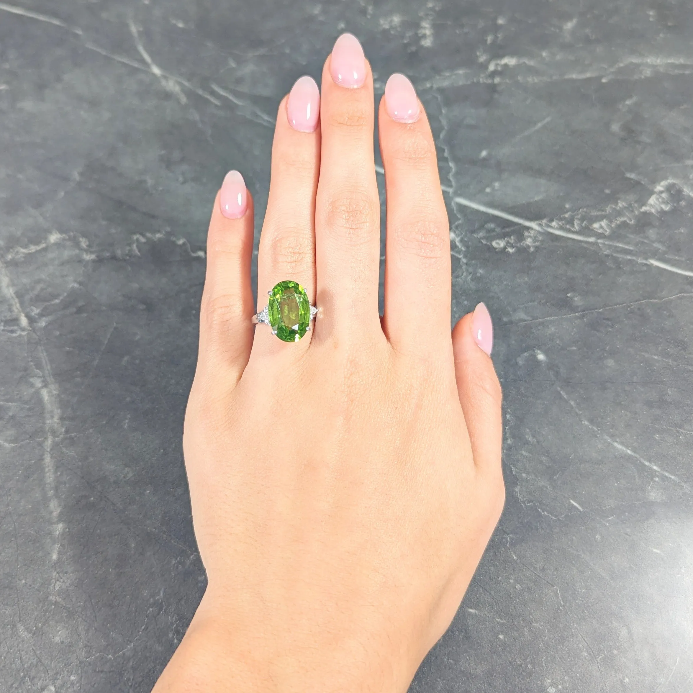 Contemporary 9.42 CTW Oval Cut Peridot Diamond Platinum Cluster Ring