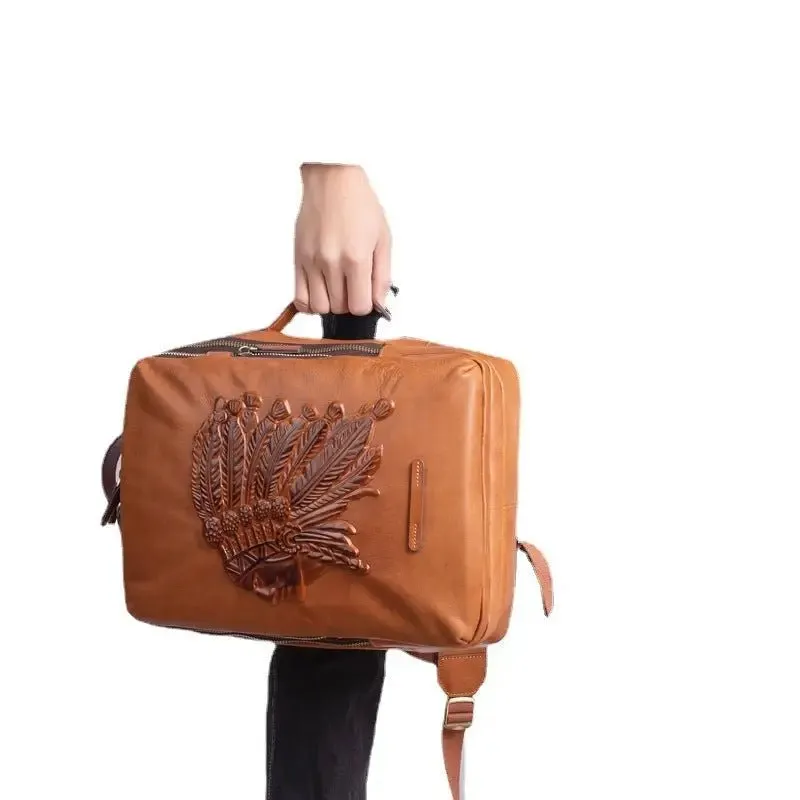 Cowhide Men's Backpack with Animal Pattern Design - Genuine Leather, Lightweight, European & American Retro Style