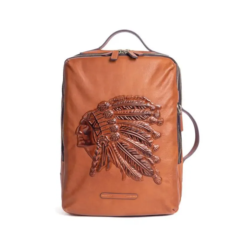 Cowhide Men's Backpack with Animal Pattern Design - Genuine Leather, Lightweight, European & American Retro Style