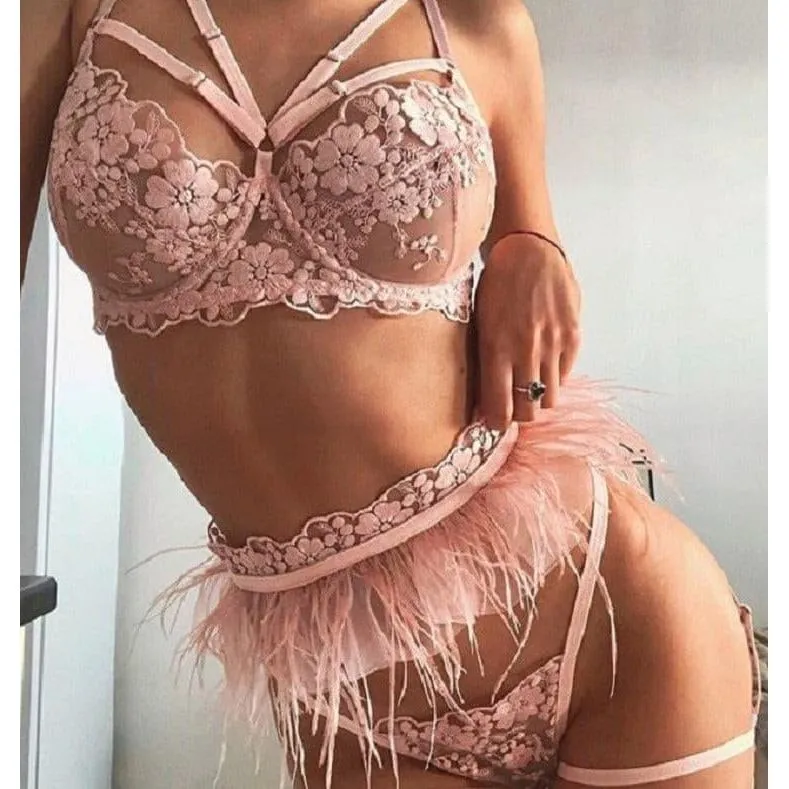 Craftsmanship lace feather lace embroidery three-piece set