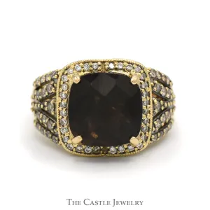 Cushion Cut Quartz Le Vian Designer Ring with Chocolate & White Diamond Accents in 14k Yellow Gold