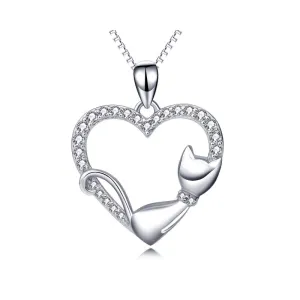 Cutie Cat Resting Kitty with Collar Heart Pendant Necklace