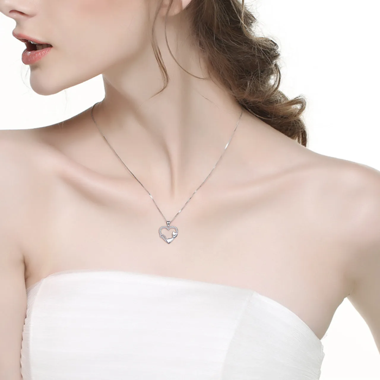 Cutie Cat Resting Kitty with Collar Heart Pendant Necklace