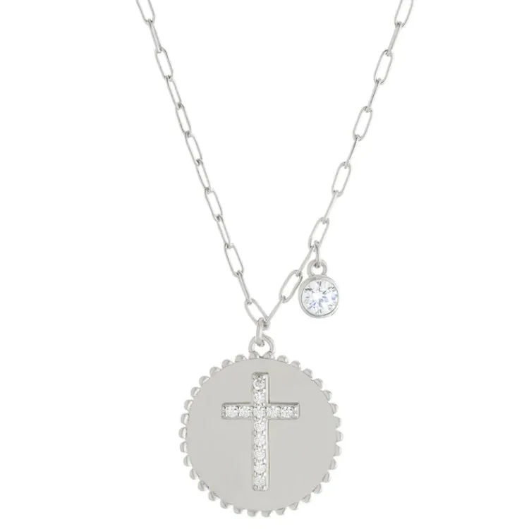 CZ Cross Disc Necklace - Silver