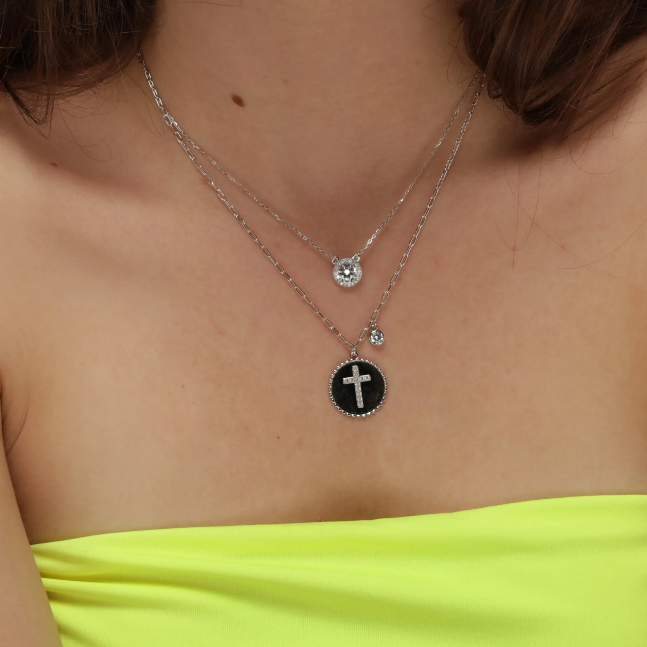 CZ Cross Disc Necklace - Silver