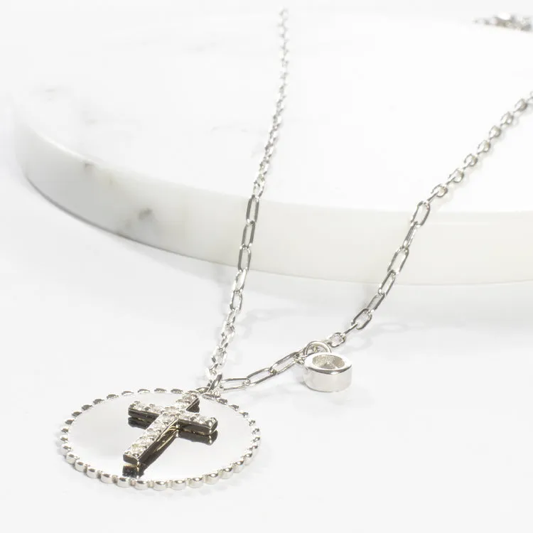 CZ Cross Disc Necklace - Silver