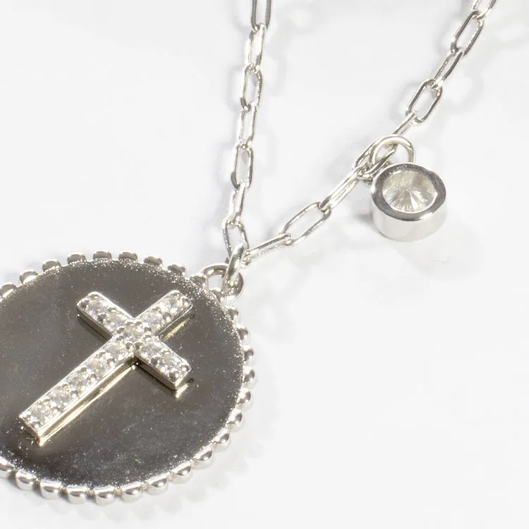 CZ Cross Disc Necklace - Silver
