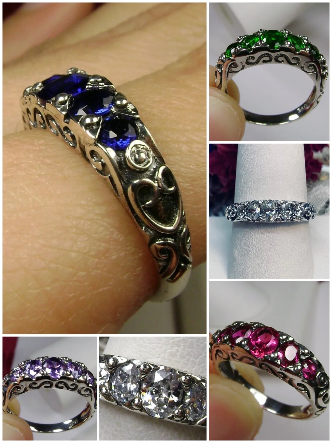 D19, 5-Stone Georgian Ring, Choice of Simulated or CZ Gem, Victorian Jewelry Design#D19
