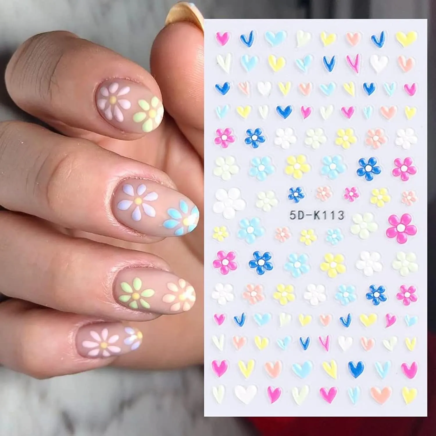 Daisy Nail Art Stickers Decals 5D Three-Dimensional Hollow Red Heart Daisy Self-Adhesive Nail Art Supplies Exquisite Flamingo Unicorn Nail Art Decoration Design DIY Acrylic Nail Art, 4 Sheet