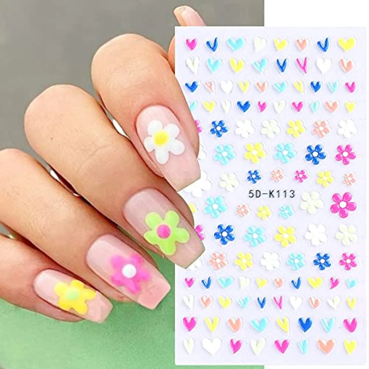 Daisy Nail Art Stickers Decals 5D Three-Dimensional Hollow Red Heart Daisy Self-Adhesive Nail Art Supplies Exquisite Flamingo Unicorn Nail Art Decoration Design DIY Acrylic Nail Art, 4 Sheet