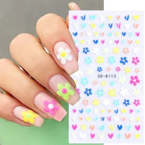 Daisy Nail Art Stickers Decals 5D Three-Dimensional Hollow Red Heart Daisy Self-Adhesive Nail Art Supplies Exquisite Flamingo Unicorn Nail Art Decoration Design DIY Acrylic Nail Art, 4 Sheet