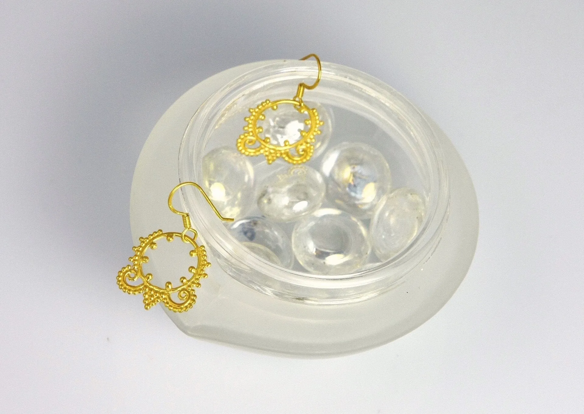 Delicate, small, Hellenic, gold-plated granulation and wire work earrings