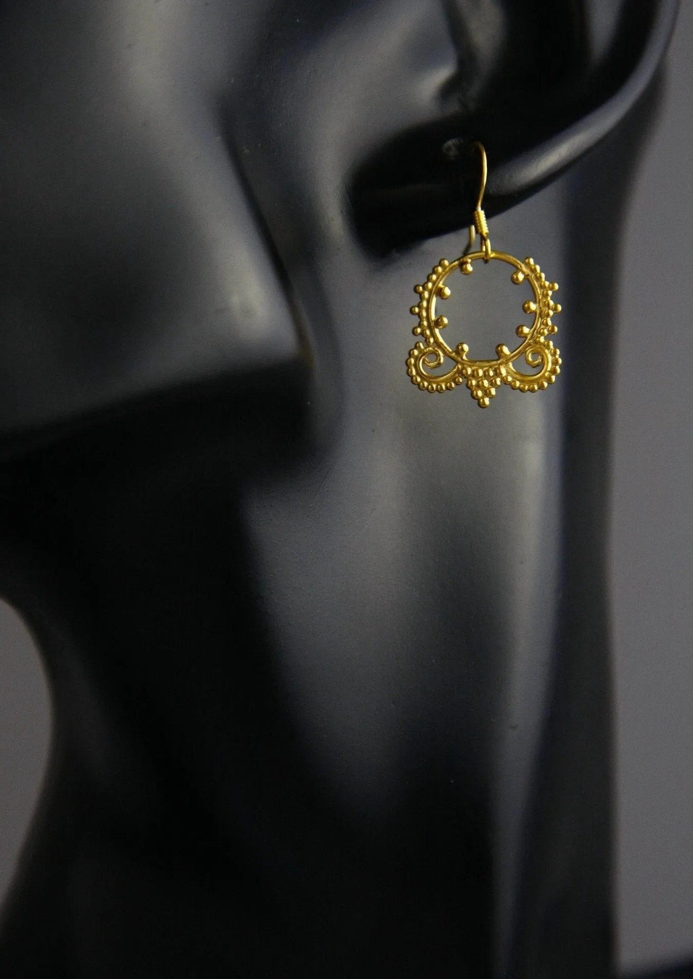 Delicate, small, Hellenic, gold-plated granulation and wire work earrings