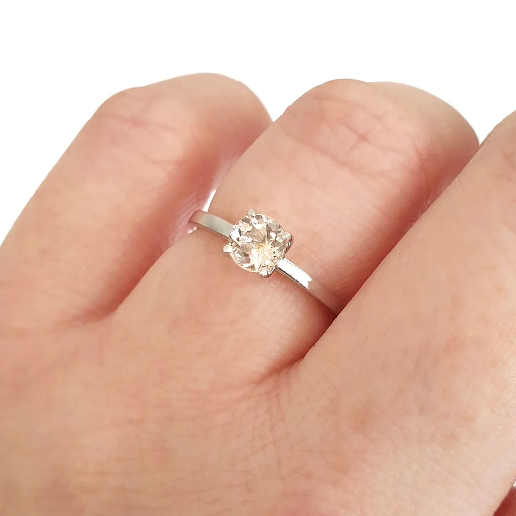 Delicate Solitaire Morganite Four Claw White Gold Ring