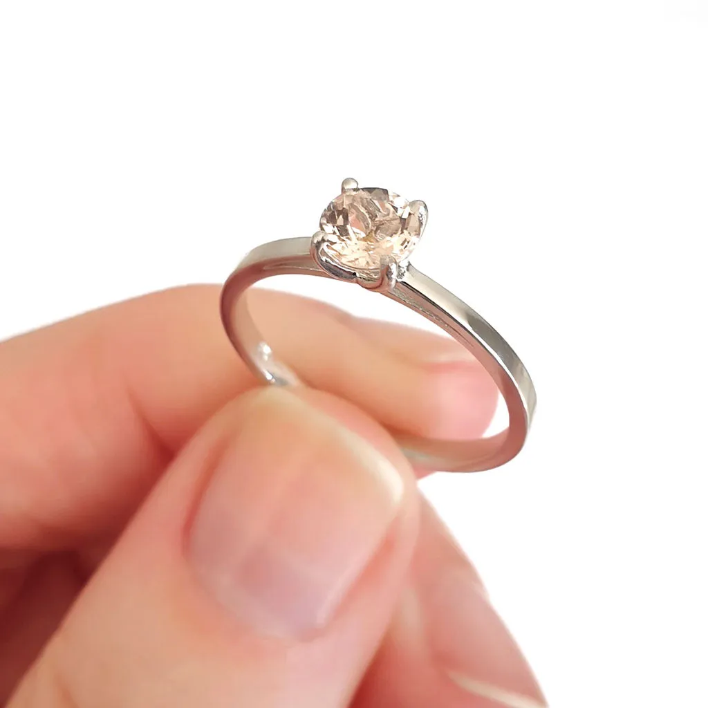 Delicate Solitaire Morganite Four Claw White Gold Ring
