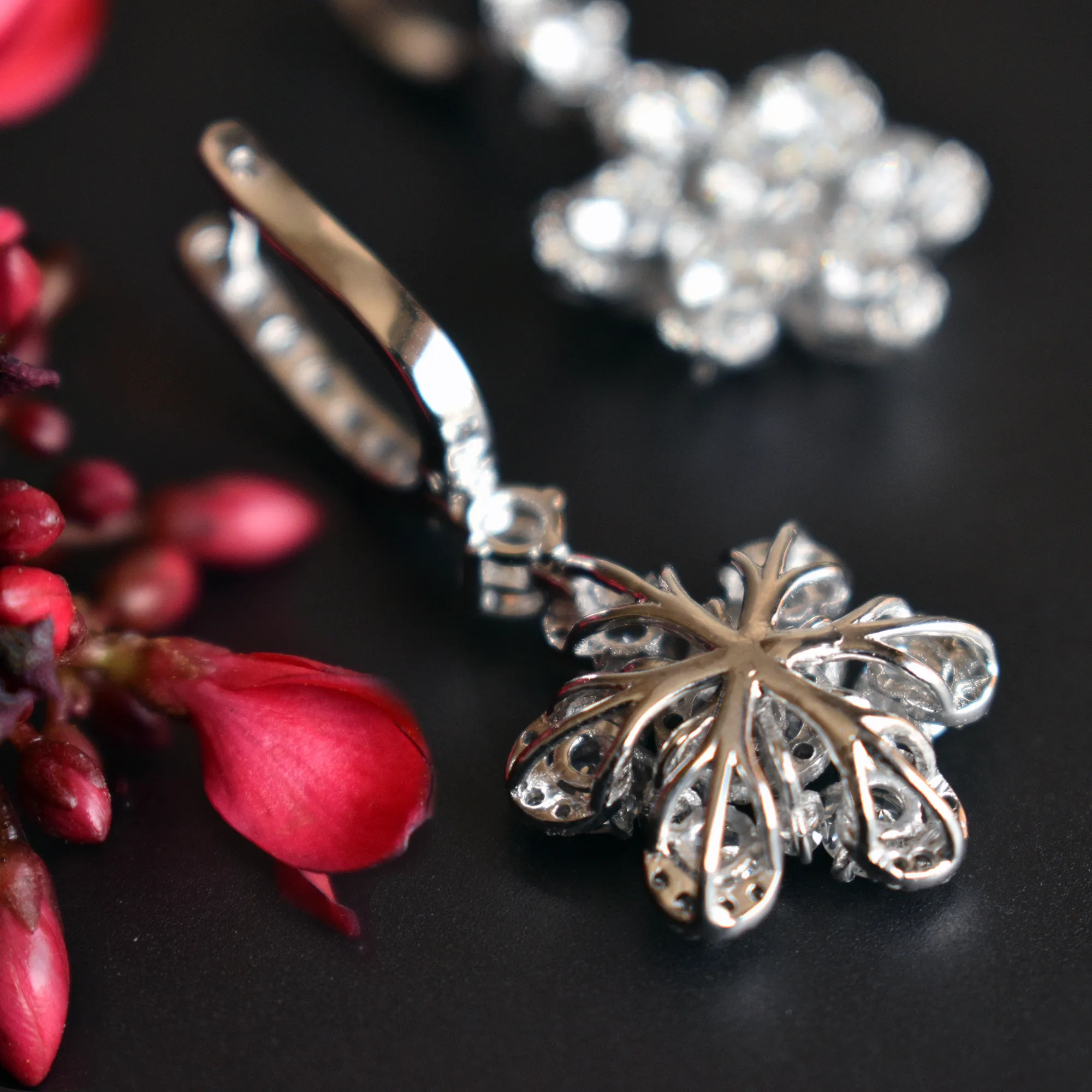 Diamond Huggie Floral Dangle Earrings
