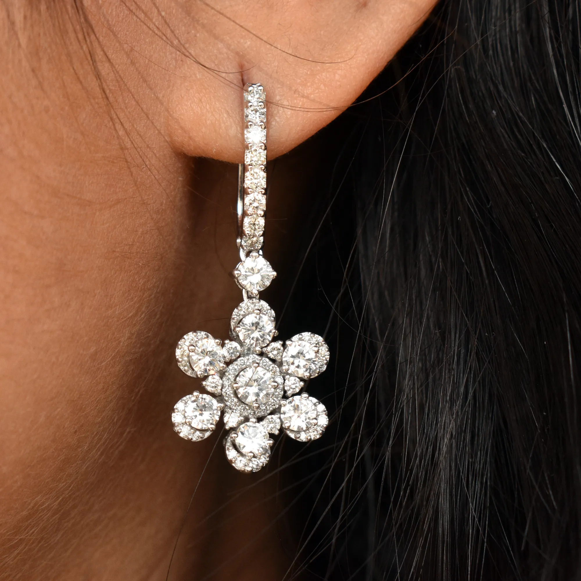 Diamond Huggie Floral Dangle Earrings