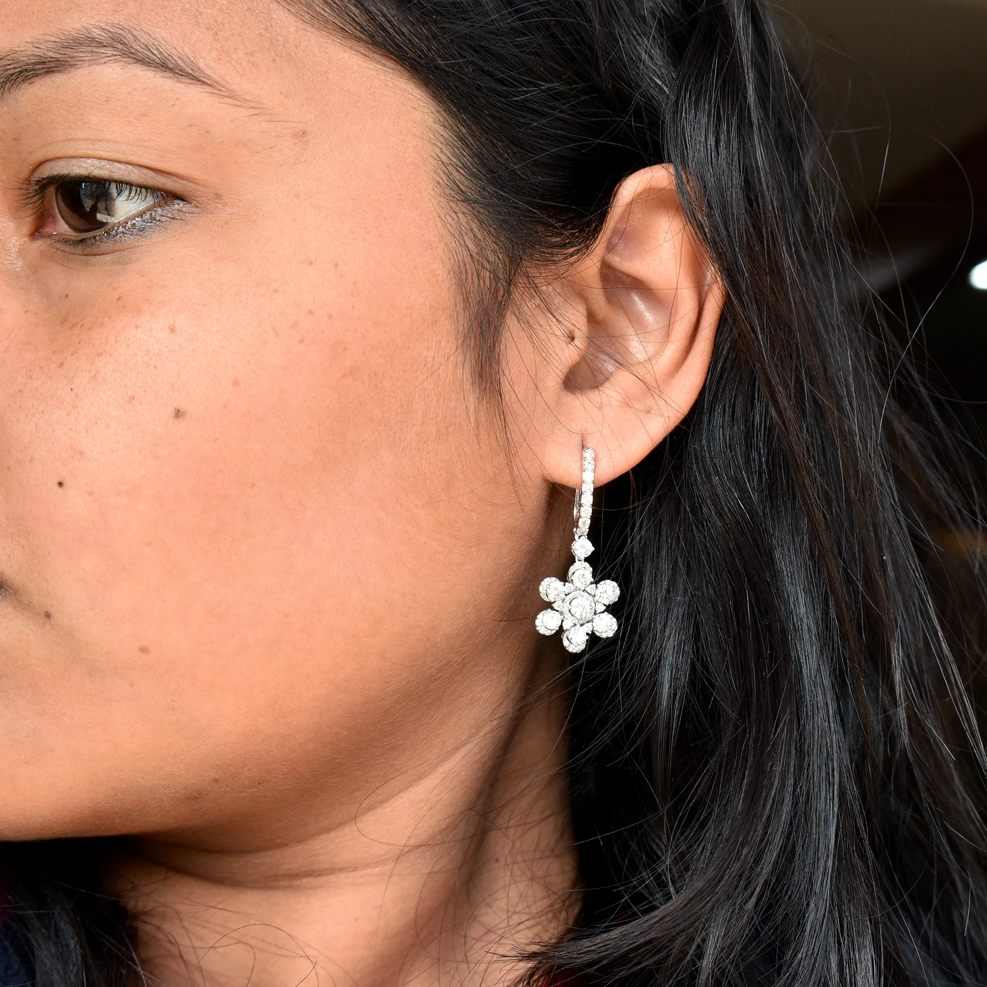 Diamond Huggie Floral Dangle Earrings