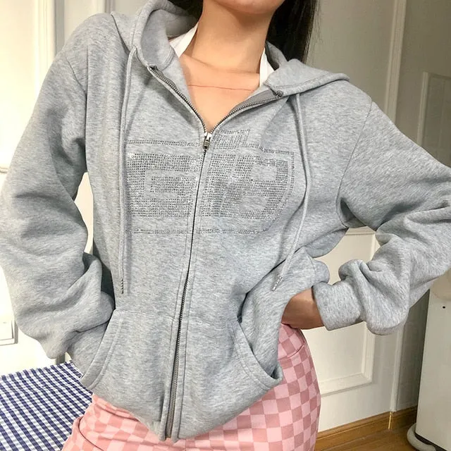 Dulzura Rhinestone Letter Print Women Long Sleeve Sweatshirt Hoodis Zipper Loose Oversized Streetwear Casual 2020 Autumn Winter