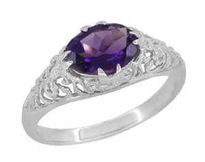 Edwardian Filigree East West Oval Amethyst Promise Ring in Sterling Silver | 1.20 Carat