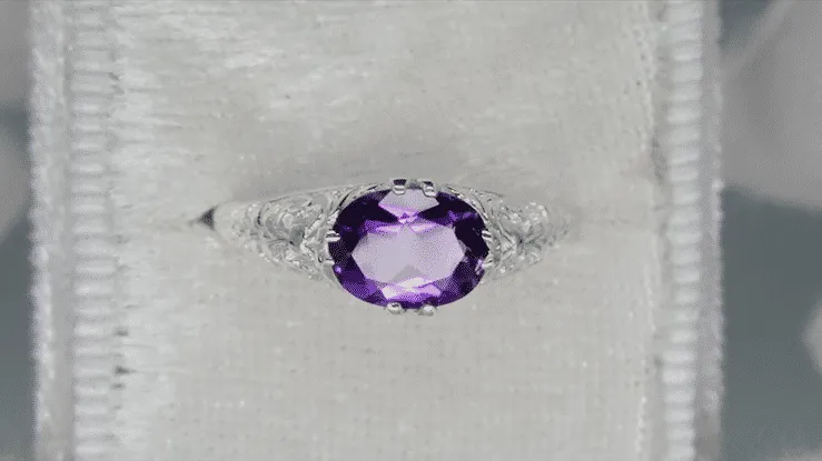 Edwardian Filigree East West Oval Amethyst Promise Ring in Sterling Silver | 1.20 Carat