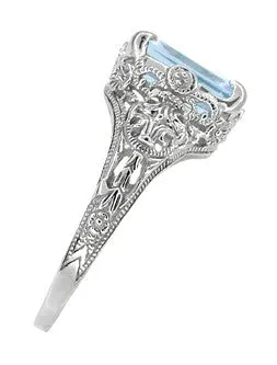 Edwardian Filigree Emerald Cut Blue Topaz Ring in Sterling Silver