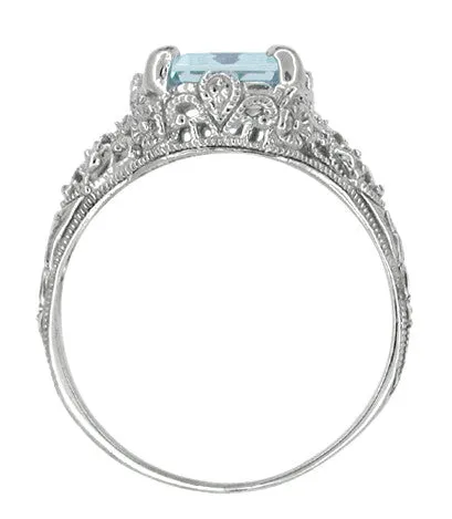 Edwardian Filigree Emerald Cut Blue Topaz Ring in Sterling Silver